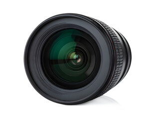 Professional camera lens isolated on white background showcasing front glass element and detailed barrel design