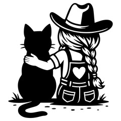 Girl with cat silhouette, child and pet love vector, black and white rustic style for DIY craft, laser cutting or wall art