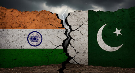 India and Pakistan Flags on a Cracked Wall Symbolizing Political Tension