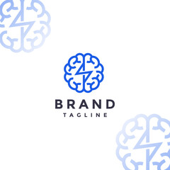 Thunder Line Inside Brain Logo Design. Simple Electrical Brain Line Logo Design.