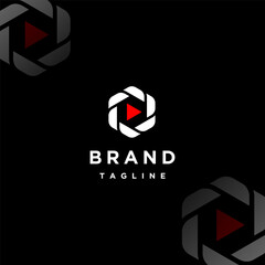 Red Play Icon Inside Hexagon Shutter Logo Design. Hexagon Camera Shutter With Play Icon Logo Design.
