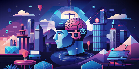 Creative vision of artificial intelligence and technology integration in a futuristic cityscape during twilight