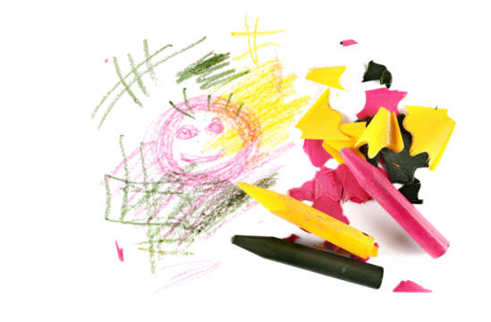Wax pastel, colorful crayons and spiral shavings from sharpener with scribbles isolated on white, top view
 - Powered by Adobe