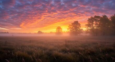 Obraz premium Autumn sunrise over a field of tall grass and golden trees.