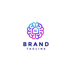Simple Infinity Brain House Line Logo Design. House Inside Colorful Brain Lines Logo Design.