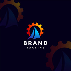 Simple Gear Light Boat Logo Design. Ship Sails With Gear Background Logo Design.