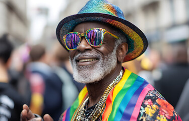 At a London LGBT gay pride march, a spectator waves a gay rainbow flag