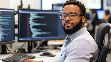 Fototapeta premium Focused professional in a modern workspace looking at the camera.