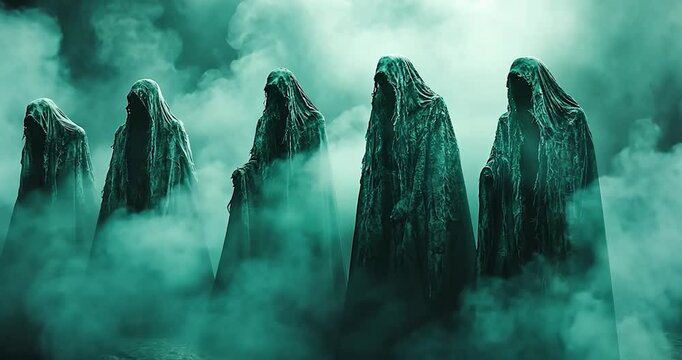 Eerie and ghostly figures stand in a misty, fog-shrouded environment, shrouded in a mysterious and foreboding atmosphere