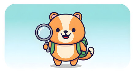 Fototapeta premium Cute and friendly vector mascot character for a kids' educational app about nature. A smiling, curious animal holding a magnifying glass and wearing a backpack. 
