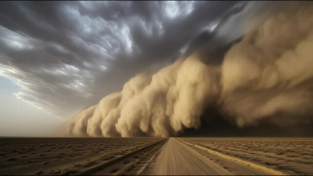 Massive sandstorm rolling across desert landscape with dramatic clouds and dirt road 