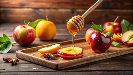 Sweet Honey Drizzled Over Sliced Apples and Pears on Rustic Wooden Tray