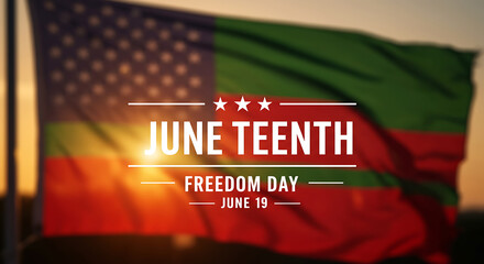 Juneteenth Freedom Day June 19 Commemorative Flag with Text Overlay at Sunset