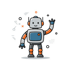Fototapeta premium Friendly cartoon robot waving hand with cheerful expression and geometric background elements