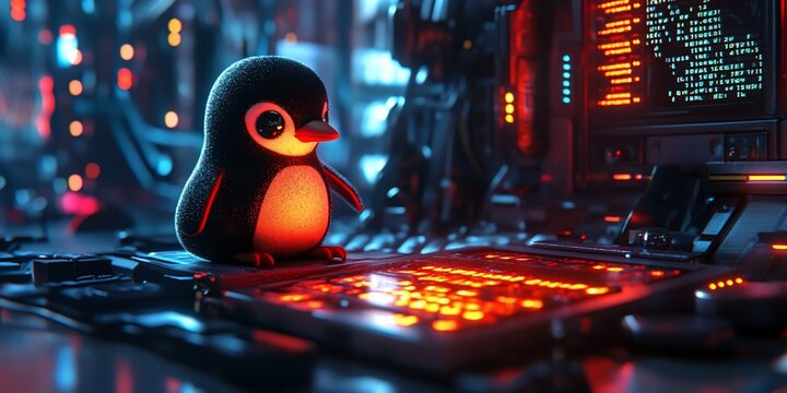 Tux the Linux Penguin in a futuristic, cybernetic, coding environment filled with glowing lights
