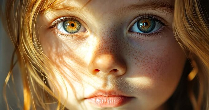 Close-up portrait of a young child with red hair and freckles illuminated by sunlight, with focus on the eyes and skin texture