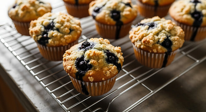 A delectable display of freshly baked blueberry muffins, tantalizingly arranged.