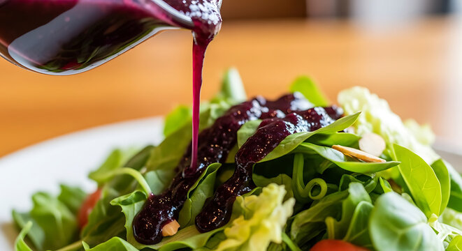Salad with blueberry dressing drizzled over it. 
