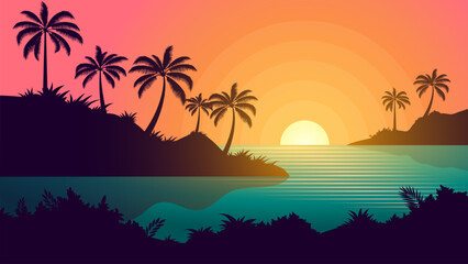 Sunset at beach background illustration, beautiful evening summer panoramic landscape at lagoon or bay with silhouette torpical coconut palm trees, sun and orange gradient sunset sky
