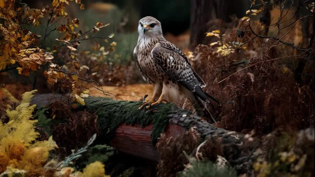 Majestic buzzard perched on a mossy fallen log with an attentive gaze in an autumn forest landscape with fall foliage