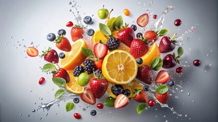 A vibrant explosion of fresh fruit, juicy berries, and citrus slices suspended in a dynamic water splash, showcasing the essence of natural sweetness and refreshment