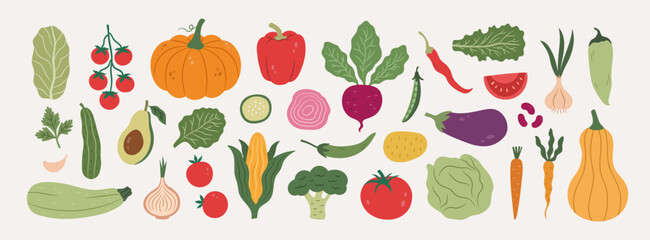 Vector doodle big set of vegetables. Elements for healthy food design.