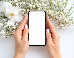Delicate fingers adorned with manicured nails gently hold sleek smartphone surrounded by beautiful white flowers, creating serene and elegant atmosphere