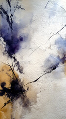 Abstract textured background with dark ink stains, cracks, and scratches on weathered white surface creating artistic grunge pattern with purple and beige tones
