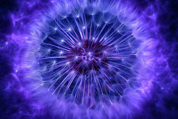 Fototapeta premium Close-up of digitally rendered dandelion seed head in glowing purple and blue neon light over cosmic background