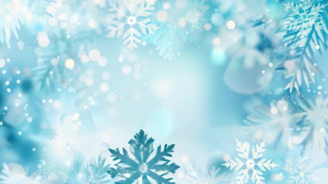 A winter wonderland background featuring snowflakes, frosty foliage, and shimmering bokeh lights, evoking a serene and magical seasonal atmosphere for festive designs.