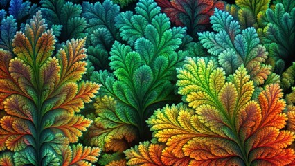 Fototapeta premium Intricate fractal foliage exhibiting a vibrant autumnal palette of greens, oranges, and reds, showcasing a mesmerizing pattern of branching and detailed leaf structures