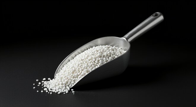 Silver metal scoop overflowing with small white granular pellets, possibly fertilizer or chemical raw material, isolated on a smooth black background. Close-up studio shot.
