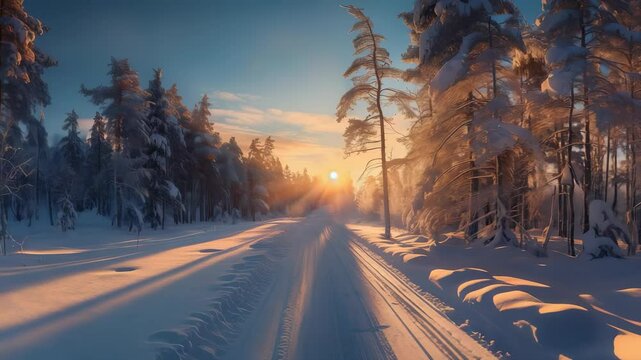 Winter wonderland: A sun-kissed snowy path winds through a serene forest, casting long shadows on the pristine snow. Beautiful winter scene.