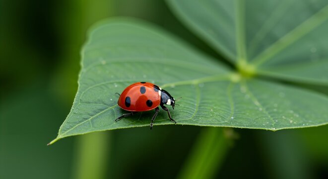 Vibrant red ladybug with distinct black spots perched on a lush green leaf. Macro shot highlighting the insect's details against a soft, natural background.