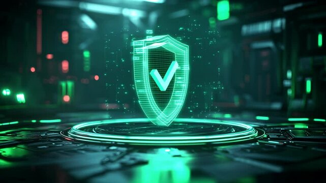 Glowing green digital shield with a check mark floating above a high-tech platform in a futuristic virtual environment, symbolizing cybersecurity, data protection, secure systems, and trusted networks