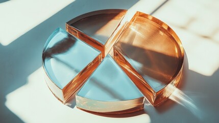 Abstract D pie chart made of glass textures and colored light reflections.