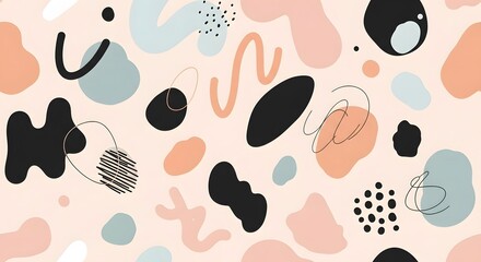 Abstract Seamless Pattern Design Pastel Pink, Black, and Blue Organic Shapes Background Texture for Fashion, Textile, and Wallpaper Projects