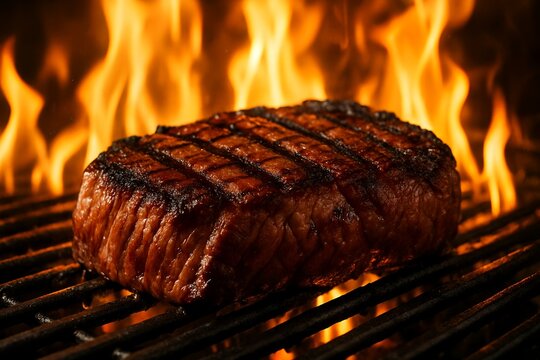 Juicy grilled steak on flaming barbecue grill