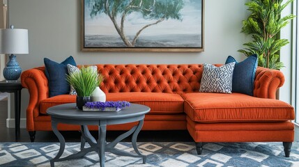 Coral sofa with charcoal and blue pillows, gray table with faux lavender, coral wall art, green plant, and patterned rug create a warm, vibe
