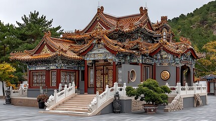 Naklejka premium Traditional asian temple with ornate architecture and lush greenery high resolution photo