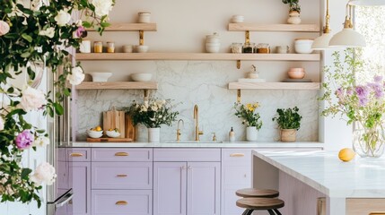 Fototapeta premium Modern kitchen with lavender cabinets, open shelves, marble counters, sleek stool, pendant lights, and fresh florals