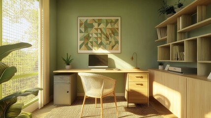Quiet workspace with cane chair, wooden desk, floating shelves, and geometric wall art in soft green tones