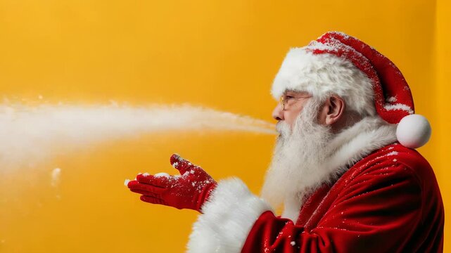 A jolly man in a red suit blows snow against a vibrant backdrop. Winter wonderland imagery with whimsical charm, embodying the holiday season's magic. Festive spirit in action