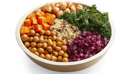Top view of a salad bowl with roasted chickpeas, kale, and sweet potato over quinoa