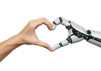 Human and robot hands making heart shape isolated on transparent background