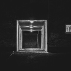 Black and white photo of tunnel entrance with lights