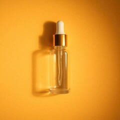 Naklejka premium Overhead View Transparent Dropper Bottle with Golden Cap, Dramatic Lighting