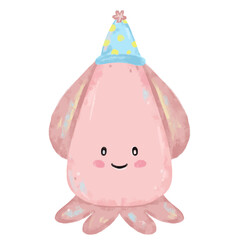 Cute hand drawn pink pastel color squid wearing birthday party hat doodle sea ocean beach animals illustration kids summer season celebration clipart crayon watercolour sticker design