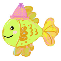 Cute hand drawn neon green pink yellow vibrant color fish wearing birthday party hat doodle sea ocean beach animals illustration kids summer season celebration clipart crayon watercolour sticker