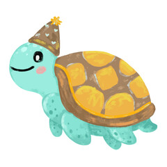 Cute hand drawn mint green turquoise pastel color turtle  wearing birthday party hat doodle sea ocean beach animals illustration kids summer season celebration clipart crayon watercolour sticker